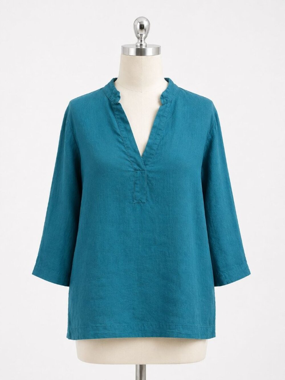 Len.Ok 100% Linen 3/4 Sleeve Top XL Teal Blue Relaxed Coastal Lagenlook